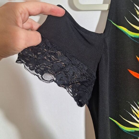 Bisou Bisou Womens Black Tropical Blouse Cold Shoulder Lace Armband Floral XL - Picture 6 of 10